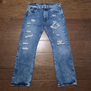 Levis 501 Jeans Mens 34x30 Blue Thrashed Destroyed Denim Pants Faded Button Fly